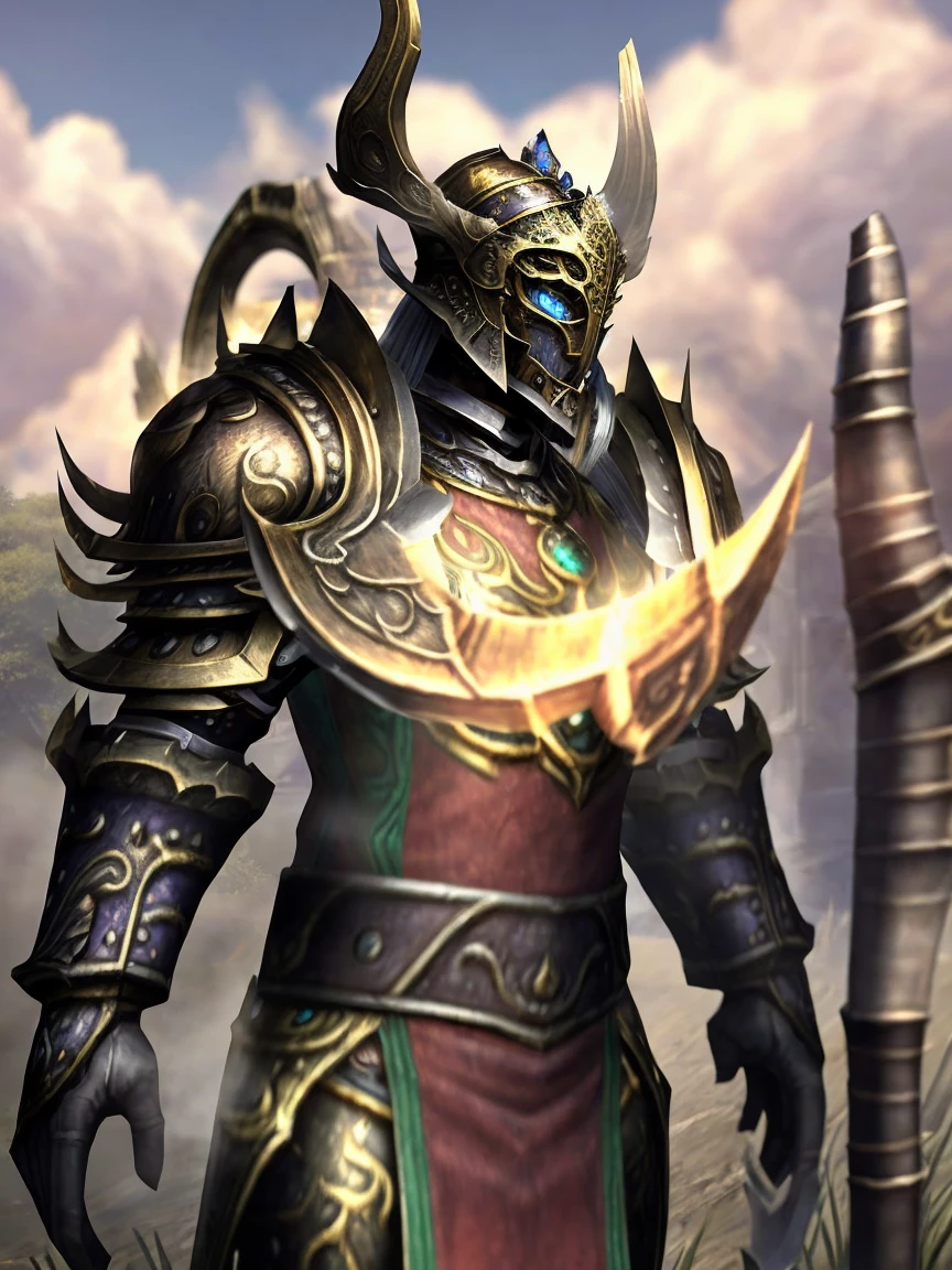 Draego, warrior, concept-art, author：Kishiganku, Fantasy art, battleground background, clean render, a horned, Wear a suit of armor, Detailed bushido form smoke, helmet of a forgotten deity, character is standing, 8k Realistic, in game render, detailed face background detail, Art station front page, taur, Pseudo-medieval fantasy, A deity wearing koi armor, detailed bronze armor, Bronze armor, golden etched armor, gold obsidian armor, Light gold armor, Gorgeous filigree armor, A demonic warrior, Gorgeous armor full of thorns, Intricate assasin armor, Intricate metal armor, powerful warrior, Dressed in gorgeous gold armor，Decorated with intricate patterns, The helmet has a large crown and two horns,Glowing red eyes， Everything is in the dark, The smoky background hints at battle scenes, Add an ominous aura to his character，submission, Full body shot.
