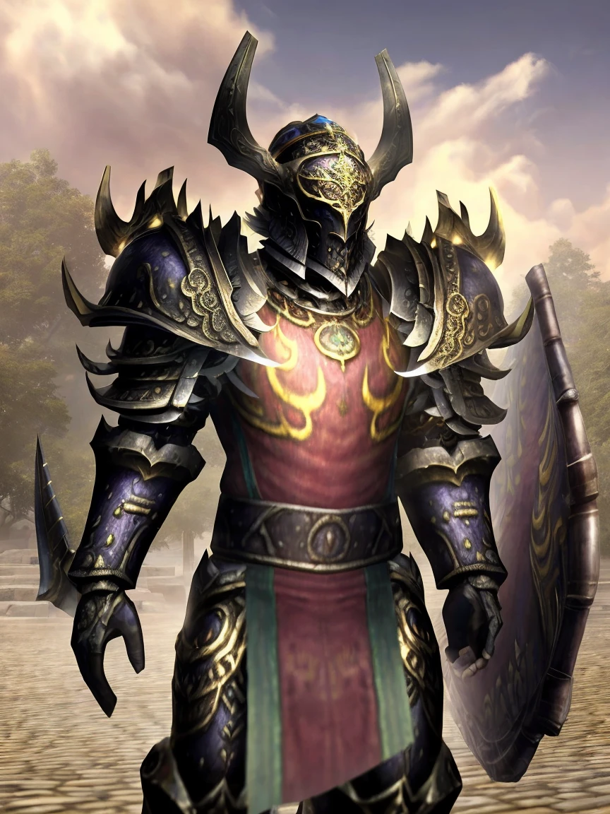 Draego, warrior, concept-art, author：Kishiganku, Fantasy art, battleground background, clean render, a horned, Wear a suit of armor, Detailed bushido form smoke, helmet of a forgotten deity, character is standing, 8k Realistic, in game render, detailed face background detail, Art station front page, taur, Pseudo-medieval fantasy, A deity wearing koi armor, detailed bronze armor, Bronze armor, golden etched armor, gold obsidian armor, Light gold armor, Gorgeous filigree armor, A demonic warrior, Gorgeous armor full of thorns, Intricate assasin armor, Intricate metal armor, powerful warrior, Dressed in gorgeous gold armor，Decorated with intricate patterns, The helmet has a large crown and two horns,Glowing red eyes， Everything is in the dark, The smoky background hints at battle scenes, Add an ominous aura to his character，submission, Full body shot.
