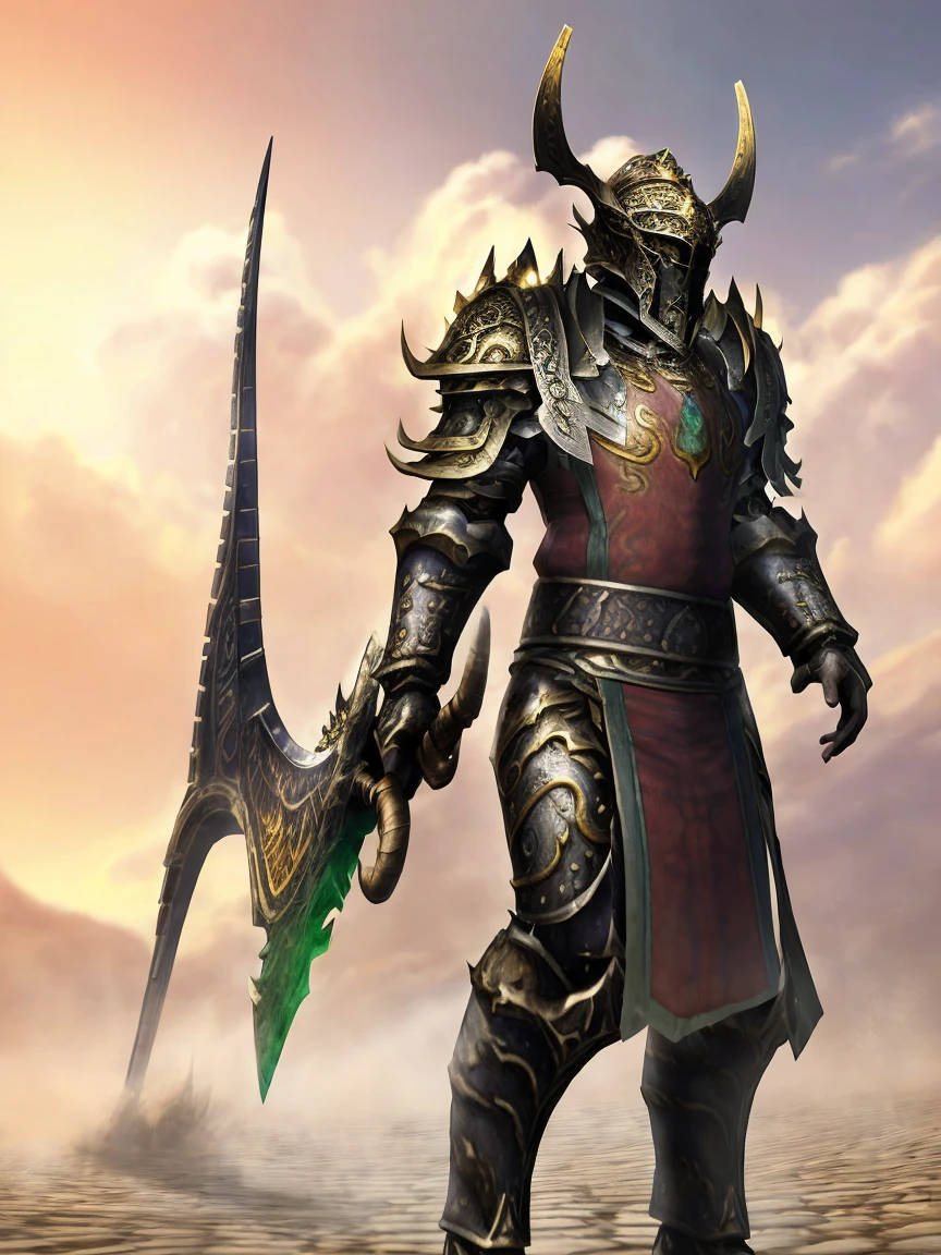 Draego, warrior, concept-art, author：Kishiganku, Fantasy art, battleground background, clean render, a horned, Wear a suit of armor, Detailed bushido form smoke, helmet of a forgotten deity, character is standing, 8k Realistic, in game render, detailed face background detail, Art station front page, taur, Pseudo-medieval fantasy, A deity wearing koi armor, detailed bronze armor, Bronze armor, golden etched armor, gold obsidian armor, Light gold armor, Gorgeous filigree armor, A demonic warrior, Gorgeous armor full of thorns, Intricate assasin armor, Intricate metal armor, powerful warrior, Dressed in gorgeous gold armor，Decorated with intricate patterns, The helmet has a large crown and two horns,Glowing red eyes， Everything is in the dark, The smoky background hints at battle scenes, Add an ominous aura to his character，submission, Full body shot.
