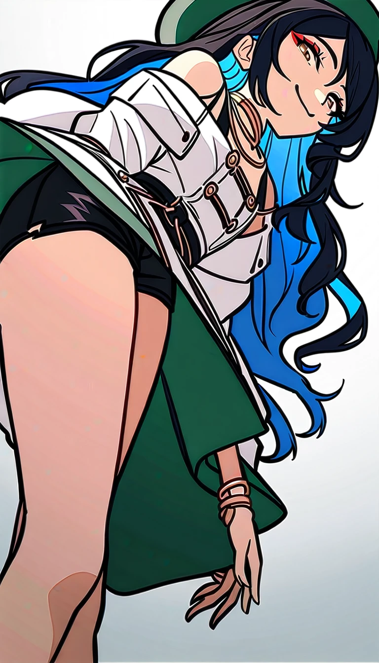 1girl, solo, long hair, black hair, colored inner hair, blue hair, wavy hair, eyeliner, makeup, jewelry, beret, o-ring, neck ring, black shorts, buttons, round sunglasses, bracelet, bare shoulders, green jacket, white jacket, off shoulder, zipper, from below, leaning forward, hand between thighs, smile, closed mouth, cropped face, lower body, masterpiece