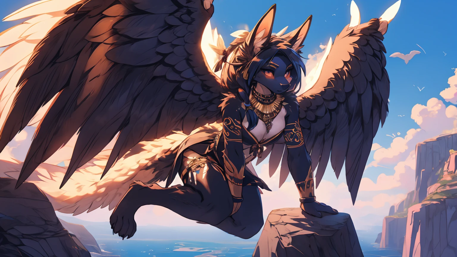 (Masterpiece), detailed background, ambient lighting, high resolution, perfect anatomy, furry commission, (female anthro synth avian gryphon), solo female, curvy, attractive, beautiful eyes, (beak), feathered wings, (bird legs), bird feet, talons, lithe build, medium breasts, sexy, fluff Kevlar, foxovh, Vader-San