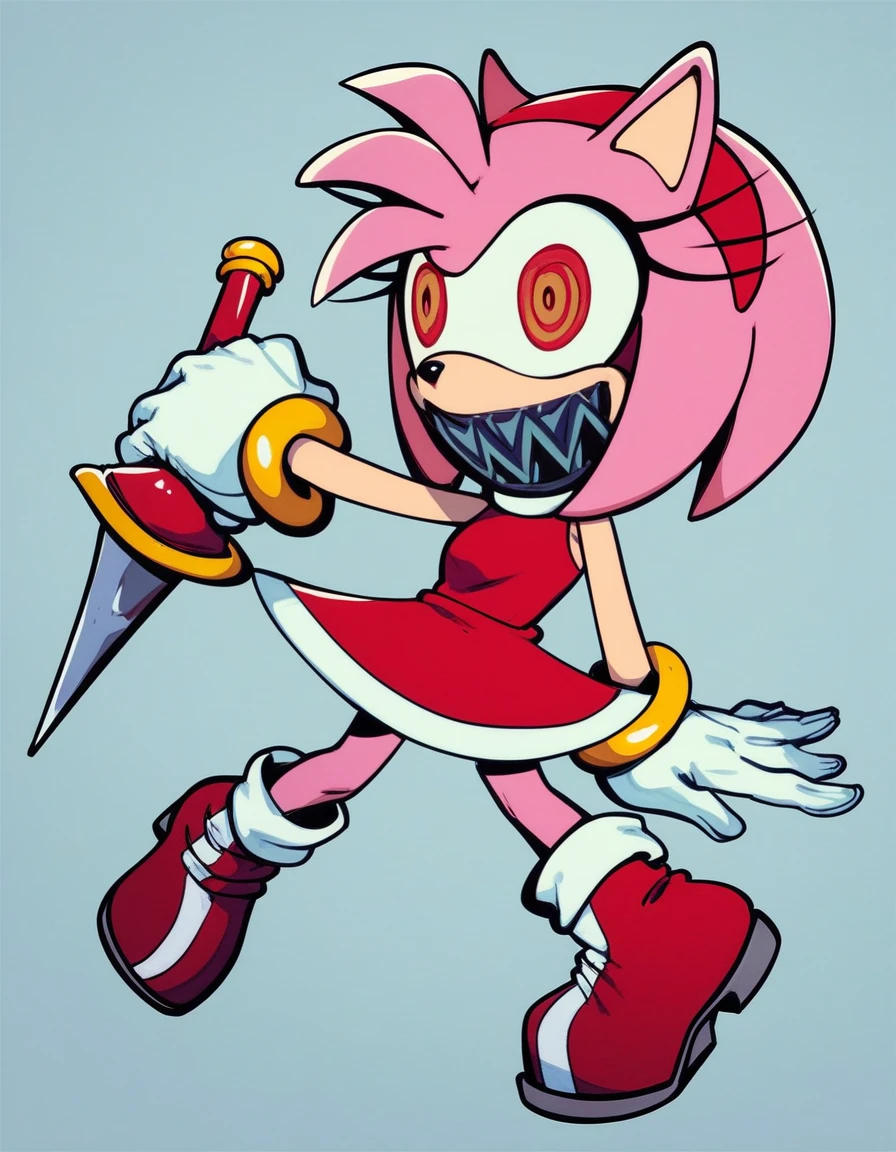 posessed_amy, 1girl, solo, smile, open mouth, simple background, gloves, dress, animal ears, bare shoulders, standing, full body, weapon, pink hair, sidelocks, hairband, boots, shoes, teeth, sleeveless, white gloves, flat chest, bracelet, sleeveless dress, short dress, red dress, sharp teeth, red footwear, furry, furry female, red hairband, body fur, animal nose, pink fur, amy_rose, sharp teeth