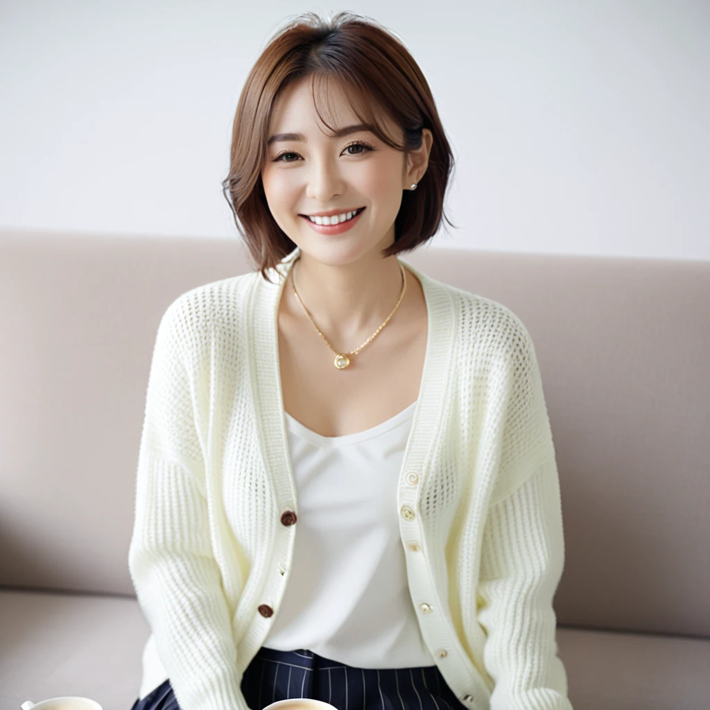 Close up of beautiful Korean woman, 32 inch chest size, Wearing a cardigan with a blouse, casual pants, short medium hair, Smile. necklace, sit on the sofa and drink coffee, porcelain coffee cup, uhd