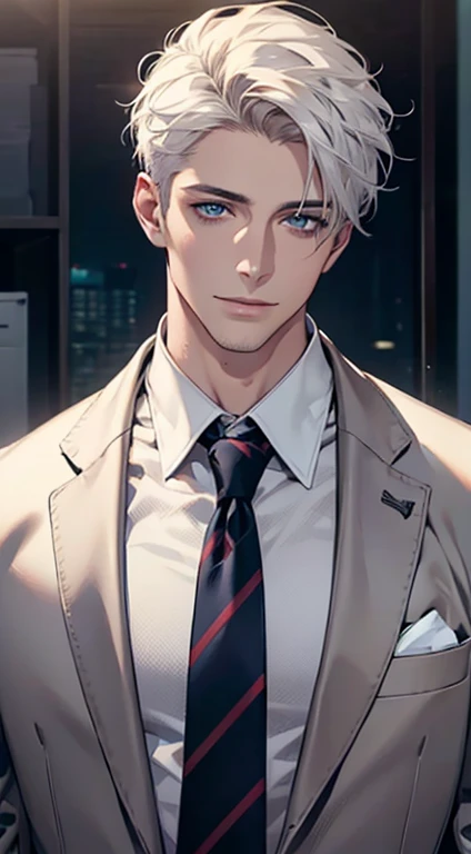 (Highest quality,4K,8K,High resolution,masterpiece:1.2),Super detailed,(Realistic,photoRealistic,photo-Realistic:1.37),1 person,31 years old,Mature Men,Beautiful skin、very handsome,Expressionless,smile,Short white hair,blue eyes,Sharp Eyes,A perfect face without a doubt,Businessman,Office Background,Cinema Lighting,HDR image,tie、