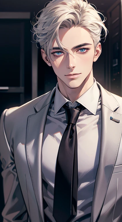 (Highest quality,4K,8K,High resolution,masterpiece:1.2),Super detailed,(Realistic,photoRealistic,photo-Realistic:1.37),1 person,31 years old,Mature Men,Beautiful skin、very handsome,Expressionless,smile,Short white hair,blue eyes,Sharp Eyes,A perfect face without a doubt,Businessman,Office Background,Cinema Lighting,HDR image,tie、