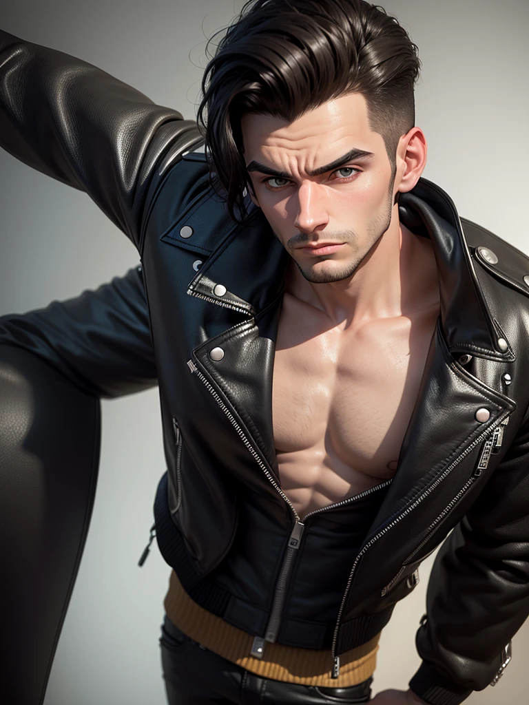 create a caricature image of a 25 year old man wearing a black leather bomber jacket, looking down weakly after work, sufficient lighting, 3d 8d caricature image quality