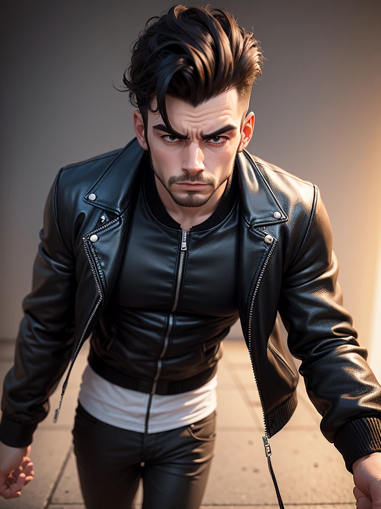 create a caricature image of a 25 year old man wearing a black leather bomber jacket, looking down weakly after work, sufficient lighting, 3d 8d caricature image quality