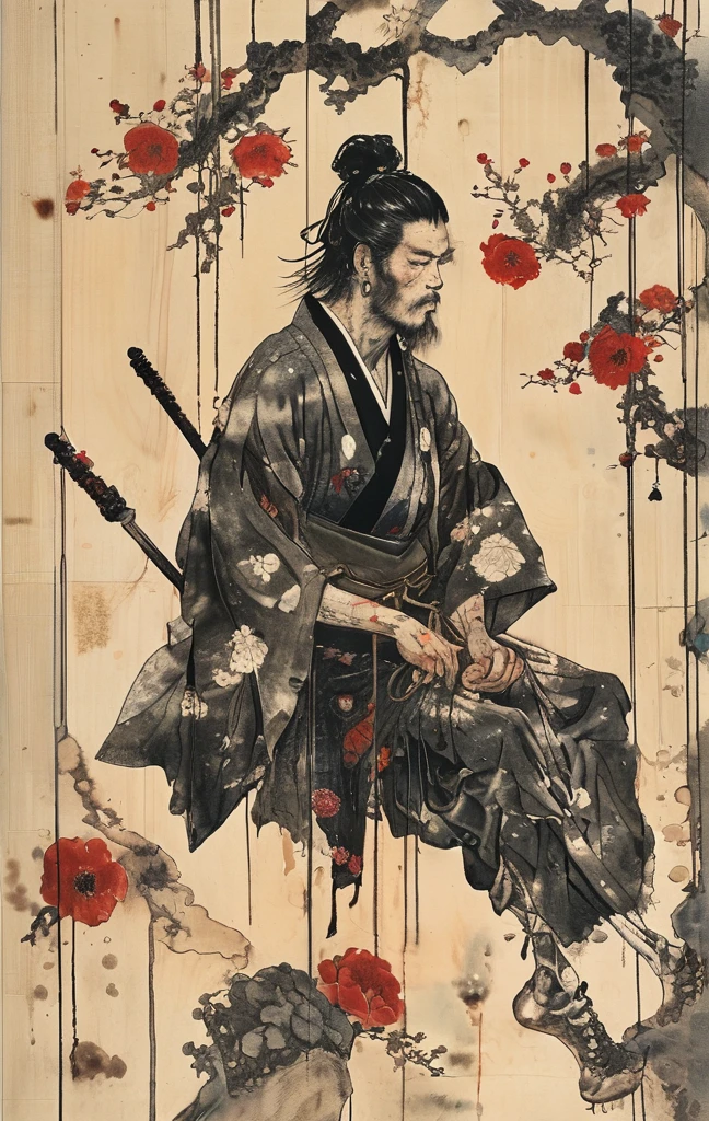 japanese line art , a samurai( to a wooden steak with several arrows stuck in him,:1.2) lower body missing visible skeletal structure , ripped rags, rope and bloody ground, black skies and large moon , floral damask background , in the style of takato yamamoto ,
