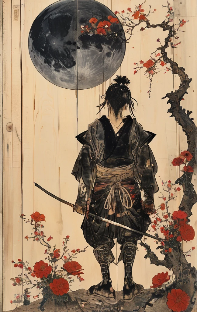 japanese line art , a samurai( tied up to a wooden steak with several arrows stuck in him,:1.2) lower body missing visible skeletal structure , ripped rags, rope and bloody ground, black skies and large moon , floral damask background , in the style of takato yamamoto ,