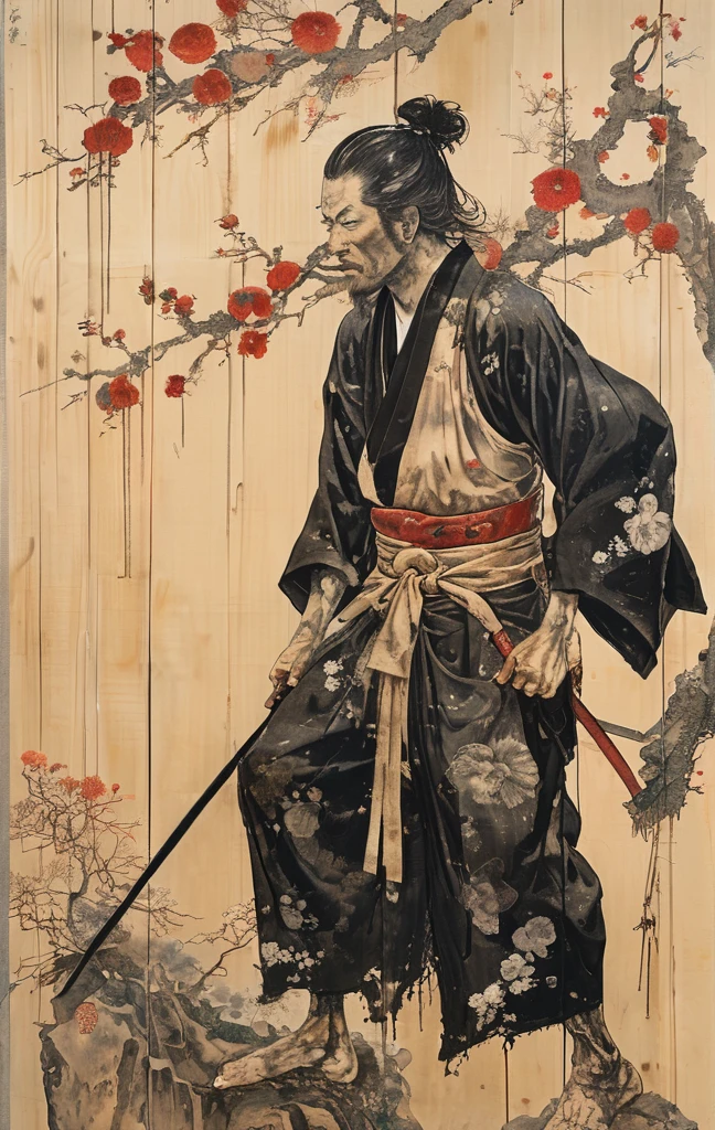 japanese line art    , a samurai( tied up  to a wooden steak with several arrows stuck in him,:1.2) lower body missing visible skeletal structure , ripped rags, rope and bloody ground, black skies and large moon , floral damask background ,  in the style of  takato yamamoto    , 