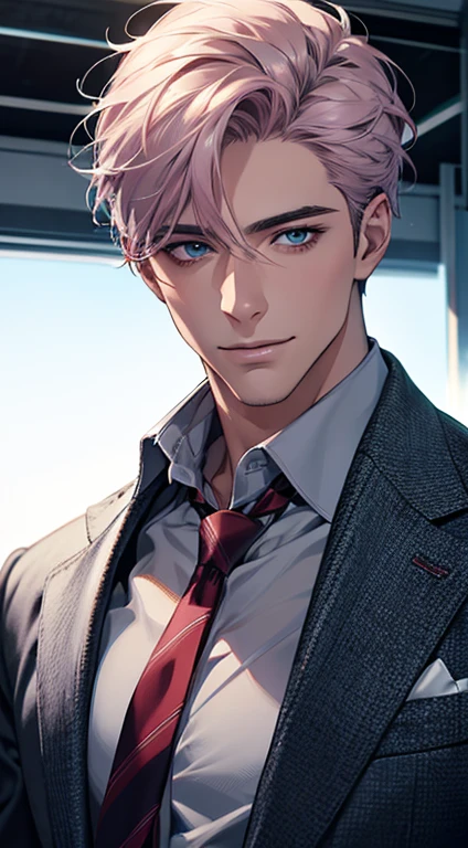(Highest quality,4K,8K,High resolution,masterpiece:1.2),Super detailed,(Realistic,photoRealistic,photo-Realistic:1.37),1 person,31 years old,Mature Men,Beautiful skin、very handsome,Expressionless,smile,Short gray pink hair,blue eyes,Sharp Eyes,A perfect face without a doubt,Businessman,Office Background,Cinema Lighting,HDR image,tie、