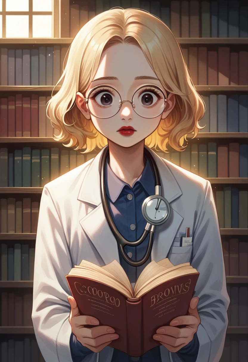 best quality, ultra details), a woman reading a nursing book ,Round face, looking 35 years old, beautiful detailed eyes, (eyes browns:), short wavy blonde hair,beautiful detailed red lips, corpo mid size,studying , a quiet library, soft natural lighting, Shelves full of books, reading glasses, concentrated expression, Round face, corpo mid size, white labcoat,stethoscope around the neck, dramatic light (best quality, ultra details),