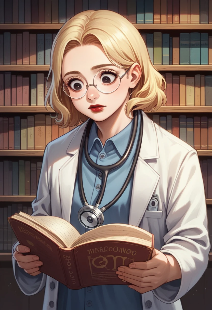 best quality, ultra details), a woman reading a nursing book ,Round face, looking 35 years old, beautiful detailed eyes, (eyes browns:), short wavy blonde hair,beautiful detailed red lips, corpo mid size,studying , a quiet library, soft natural lighting, Shelves full of books, reading glasses, concentrated expression, Round face, corpo mid size, white labcoat,stethoscope around the neck, dramatic light  (best quality, ultra details),
