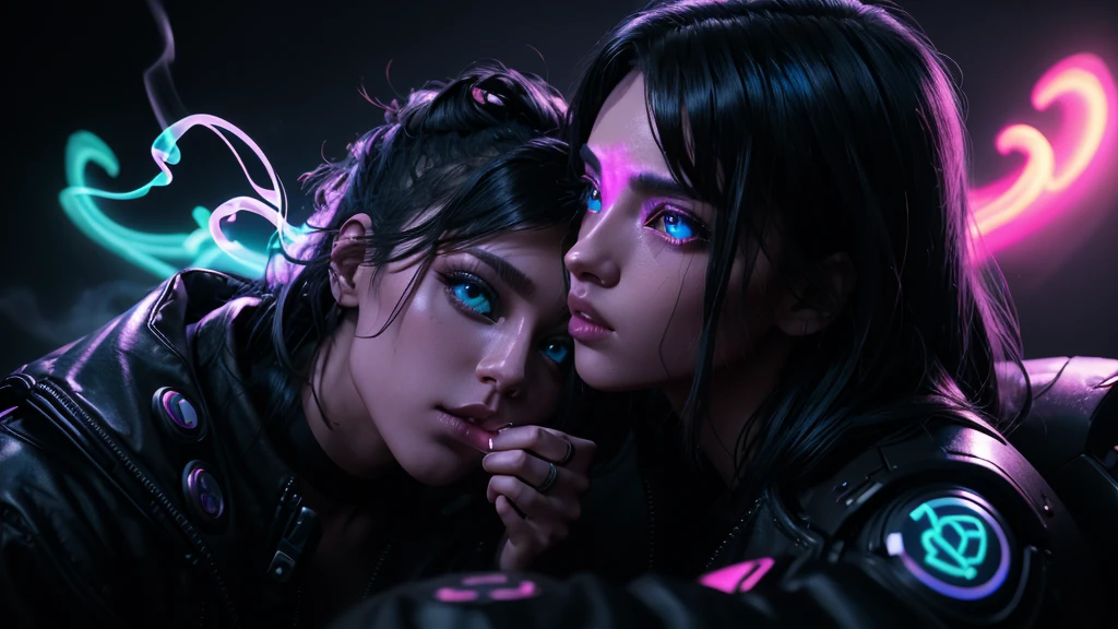 cyberpunk FALLEN ANGEL KISSING A BEUATIFUL GIRL, high detail, long shot, wide shot, 4K, 3D, REALISTIC, (iridescent glow smoke), UHD, 32K, very bold neon colors, black light, neon lights