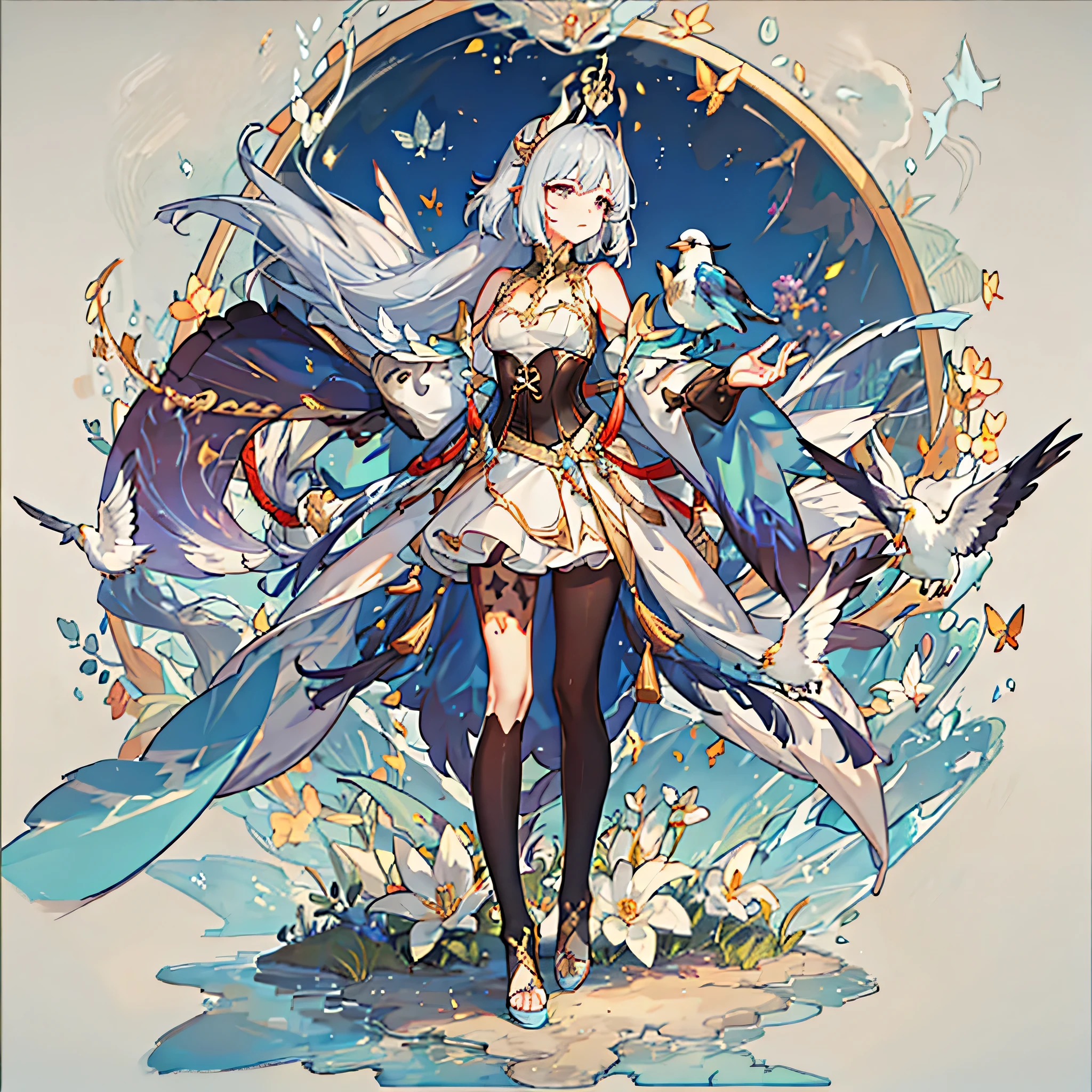 "wallpaper featuring a character with a four-pointed star crown emitting sparkling golden light, with small white wings on either side of the head. The character is wearing a combination of a priest's robe and a corset, with silver bangles adorned with opals. The outfit includes blue bands and feather-like ruffles, with shiny armor on the skirt embedded with diamonds. The character holds a magical and healing staff with vines, flowers, butterflies, and birds perched on it. The scene is set in a fantasy magical world, with the highest level of detail, complexity, magnificence, and beauty, creating a masterpiece."