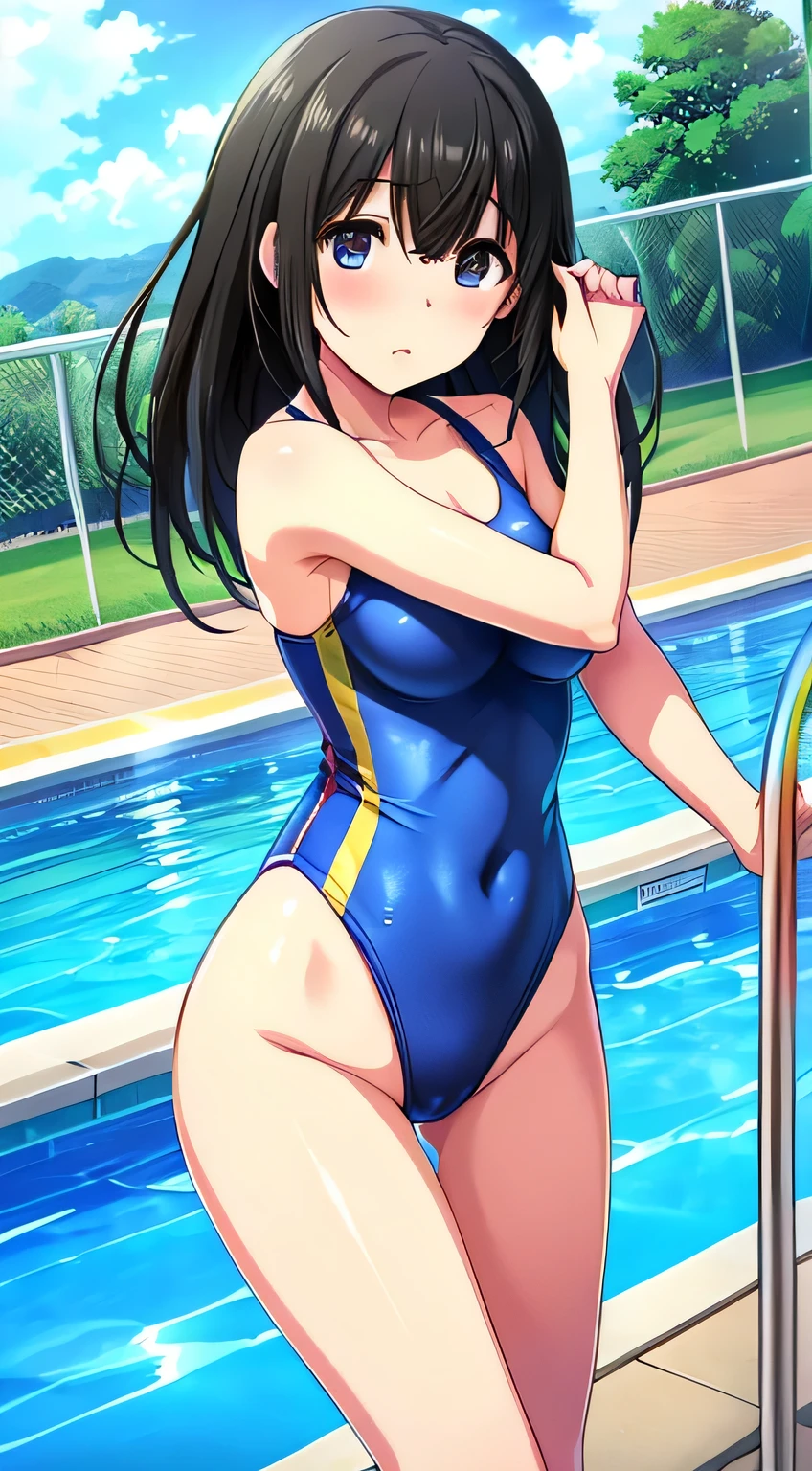 (masterpiece、Highest quality、In 8K、High resolution:1.2)、alone、One Girl、  Fumika Sagisawa、Feeling embarrassed、Look at the viewers、whole body、Transparent competitive swimsuit、Transparent racing swimsuit、Glossy body、Wet body、Daytime、Poolside、Low - Angle