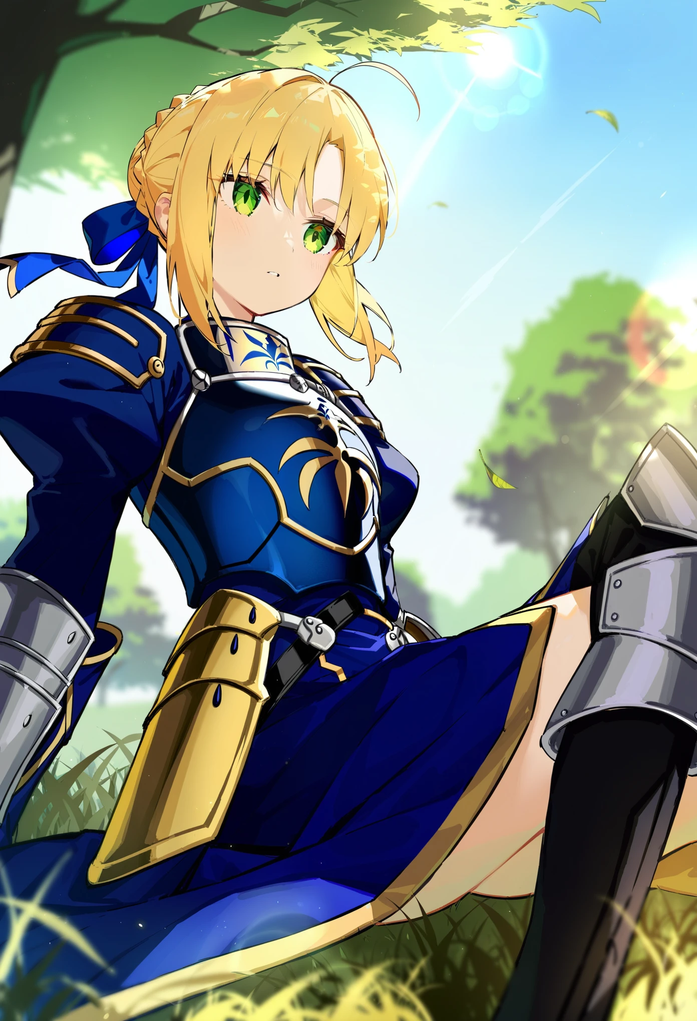(by ciloranko:1.1, (by omone_hokoma_agm:1.1), absurdres, best quality, official art, masterpiece, very aesthetic, aesthetic, attention to detail, ultra detailed, very detailed, intricate details, 1girl, new, glossy hair, moist skin, 18 years old, adult woman, medium breasts, blurry background, depth perception, solar flare, forehead, wind, breeze, wind in hair, flowing hair, solo, shade, leaves, grass, below, sitting, against tree, tree, sky, blue sky, sunlight, sraight on, light particles, fate \(series\), fate/stay night, artoria pendragon (fate), saber \(fate\), ahoge, armor, armored dress, hooded eyes, close-up, subject focus:1.1,