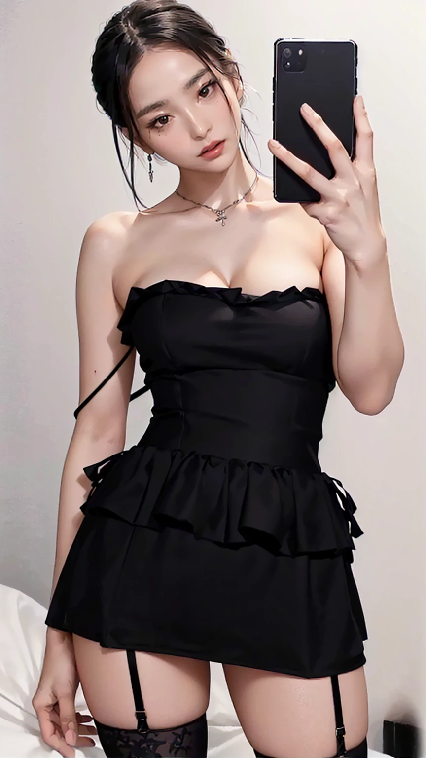 there is a woman in a black dress taking a selfie, tube-top dress, strapless dress, sexy dress, black dress, corset, she is wearing a black dress, dark black dress, dark dress, wearing black dress, with black, cute black dress, opened dress, black top, elegant corset, frill, tumblr, wearing a black dress, wearing dress