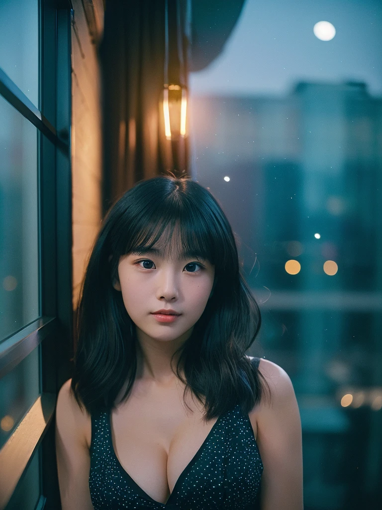 A very cute face like an idol、One 20-year-old woman with a youthful appearance、((leica 50 mm prime lens, cinestill 800T film))、(Cleavage)、(((Looking at the beautiful starry sky at night from the window in my room)))、((Very dim lighting))、((Don't expose your face to the light))、((Long-distance shot))、RAW Photos、Genuine、live-action、(Artistic Expression)、High resolution、masterpiece