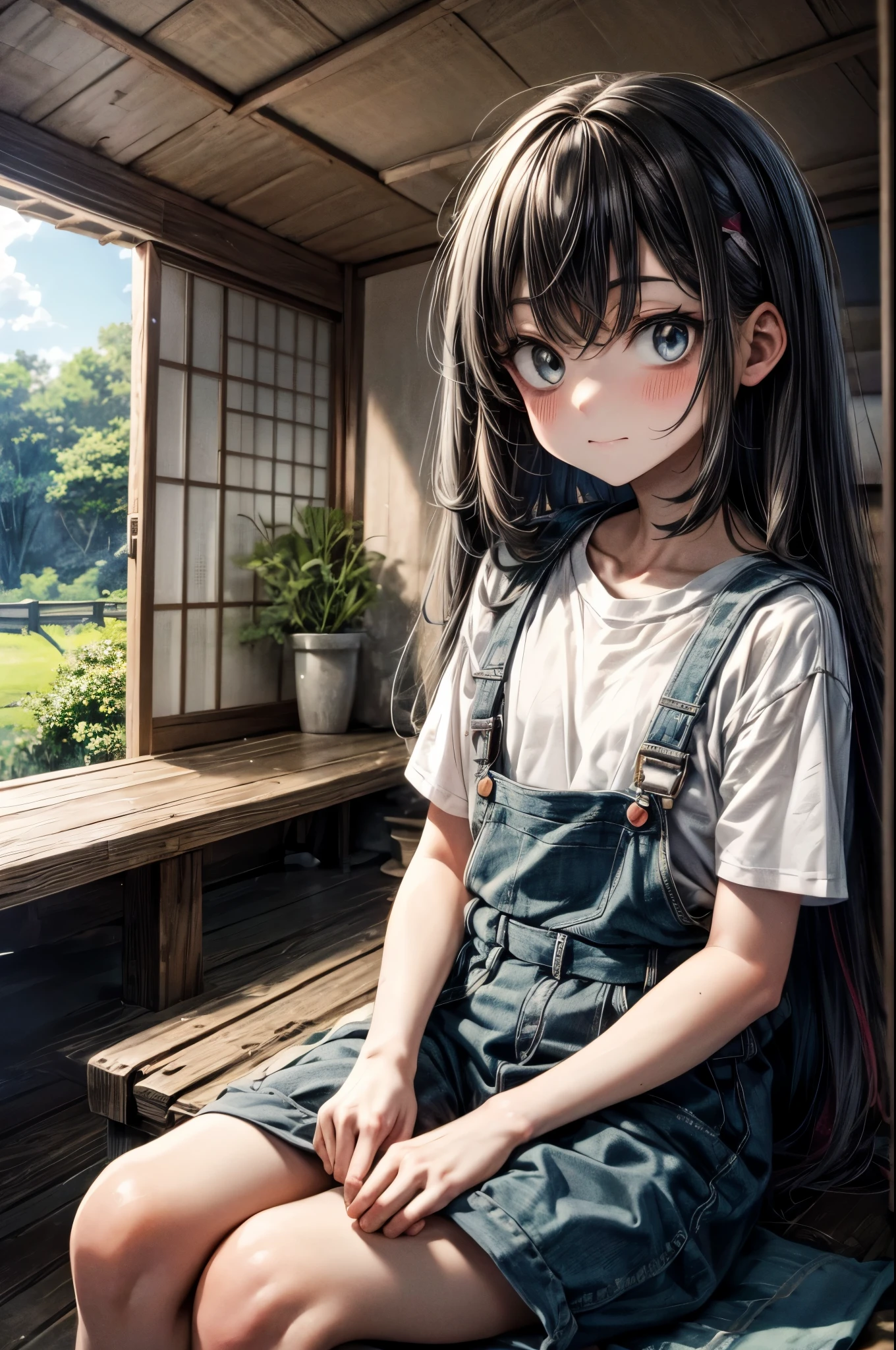 Anime illustration of a scene from summer vacation. There is a veranda in a Japanese-style room in a house in the countryside, and they are sitting there eating watermelon and laughing. There is a wind chime in the Japanese room, a cool breeze blows in, sunlight sways, daytime, digital art, octane tempo style, pastel with a blue atmosphere, overall particle light, cowboy shot, dynamic angle, baggy wearing a large white T-shirt