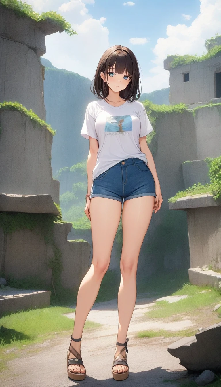 ((Highest quality、、masterpiece:1.3)), Upper Body、Long legs、Sharp focus:1.2, Beautiful woman with perfect figure:1.4、Big Breasts, (Smiling:1.2), double eyelid、30-year-old female、Sexy pose、((((Uninhabited island、ruins、Close your mouth、Standing woman、T-Shirts、Shorts、Sandals:1.5))))、Blue Eyes,