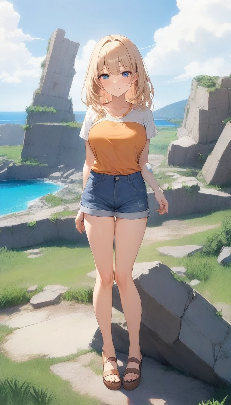 a view of an adult woman wearing a wearing denim shorts and a orange top, big breast, 1girl, solo, smile, orange hair, short hair, shirt, shorts, full body, crop top, looking at viewer, muscular arms, hands down, black over-the-knee socks, standing, legs and feet are also visible, brown eyes, beach, chubby