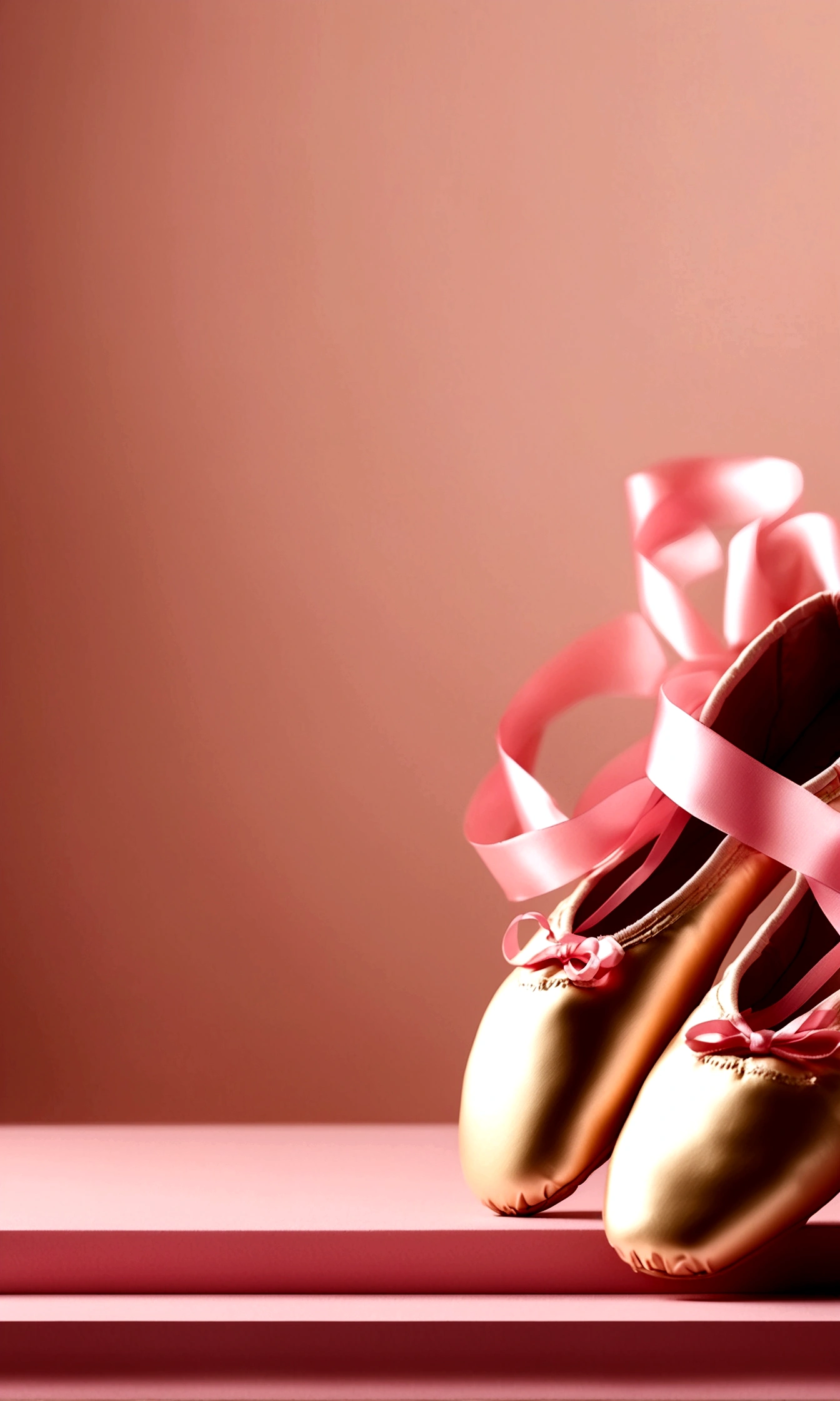 Banner graph;poster;There is a pair of small ballet shoes in the corner of the picture,Wrapped in a pink ribbon;Ribbons fill the screen;dream,mystery;Big scene;Golden pink hue。Low saturation;Background pure,Simplicity。Large blank space in the center。