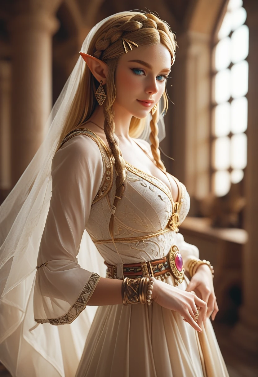 score_9, score_8_up, score_7_up, Amidst a grand royal ball, Princess Zelda from "The Legend of Zelda" series captivates the room with her grace and intelligence. Dressed in a regal gown, she discusses strategies and ancient lore with diplomats, her leadership and wisdom making her a magnetic figure in a realm filled with intrigue.