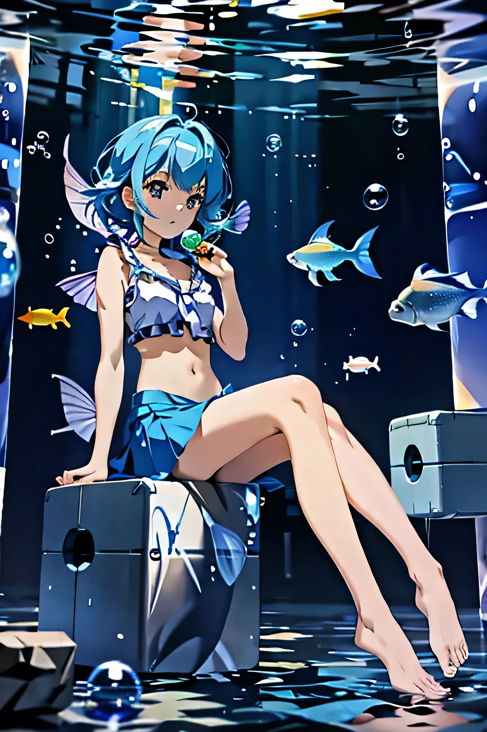 fish girl, blowing bubbles, sitting in cubes, full body