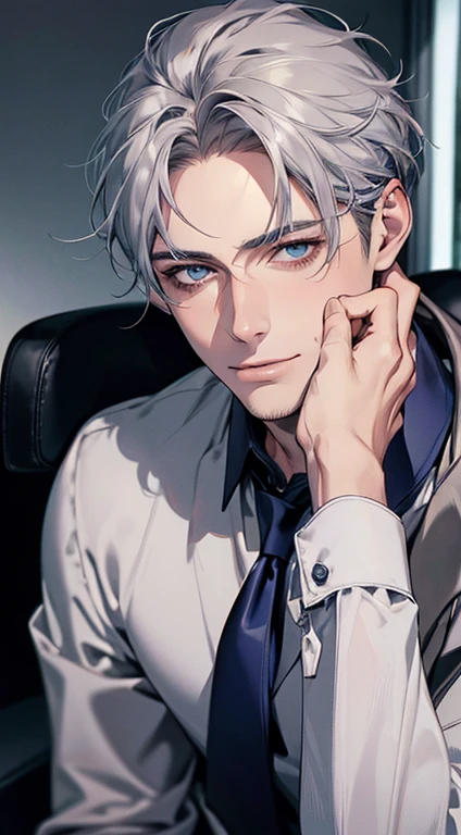 (Highest quality,4K,8K,High resolution,masterpiece:1.2),Super detailed,(Realistic,photoRealistic,photo-Realistic:1.37),1 person,31 years old,Mature Men,Beautiful skin、very handsome,Expressionless,smile,Short gray silver hair,blue eyes,Sharp Eyes,A perfect face without a doubt,Businessman,Office Background,Cinema Lighting,HDR image,tie、