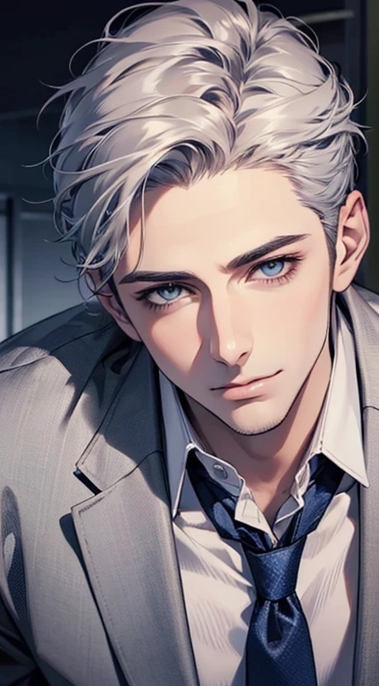 (Highest quality,4K,8K,High resolution,masterpiece:1.2),Super detailed,(Realistic,photoRealistic,photo-Realistic:1.37),1 person,31 years old,Mature Men,Beautiful skin、very handsome,Expressionless,smile,Short gray silver hair,blue eyes,Sharp Eyes,A perfect face without a doubt,Businessman,Office Background,Cinema Lighting,HDR image,tie、