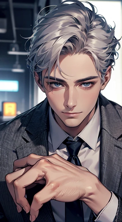 (Highest quality,4K,8K,High resolution,masterpiece:1.2),Super detailed,(Realistic,photoRealistic,photo-Realistic:1.37),1 person,31 years old,Mature Men,Beautiful skin、very handsome,Expressionless,smile,Short gray silver hair,blue eyes,Sharp Eyes,A perfect face without a doubt,Businessman,Office Background,Cinema Lighting,HDR image,tie、