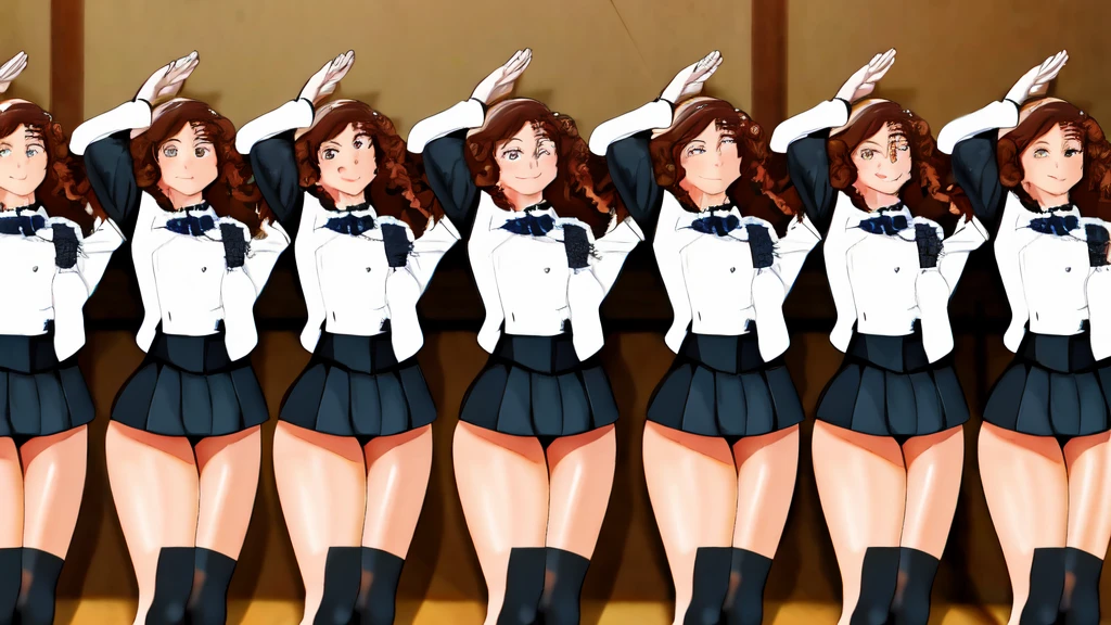 masterpiece, Highest quality, High resolution, 10+girl, crowd, Identical twin sisters, clone, An orderly line of sisters, An orderly line of sisters, Sisters in a row, uniform, Matching outfits, Long Hair, Curly Hair, ponytail, Matching hairstyle, Hazel Eyes, Brown Hair, Black tie, Blue Ribbon, Brown Skirt, salute, smile, indoor, Group shot, whole body, Panty shot, Black high heels