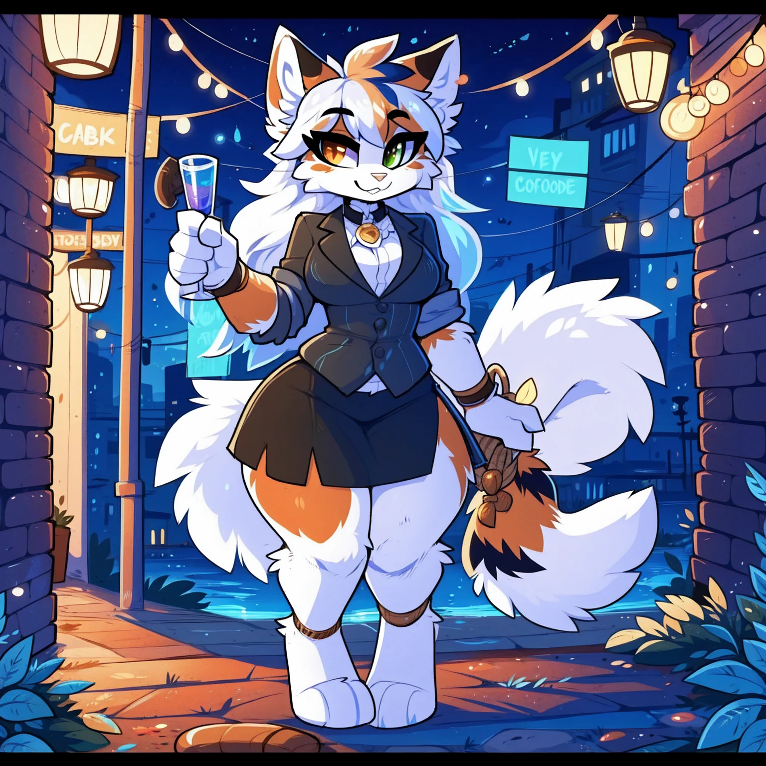 by Kilinah, de Coffeesoda, by hioshiru, by Kilinah, uploaded e621, appealing and detailed portrait of a woman (((female))) anthro cat boy, Zenemic Lighting, seducer, bl, cat boy, thick-thighs, large breasted, all-body, appealing, Messy hair, chestnut hair, eye white, thick, standing alone, standing, long hair, 2 tone hair ((orange | black)), cat boy ears, tabas, tabas, thick-thighs, Calico cat boy, heterochromia ((putridity | blue)), moletom black, black skirt, dark alley, he finished, moletom detalhado, peitos enormes, coxas grossas, coleira de cachorro