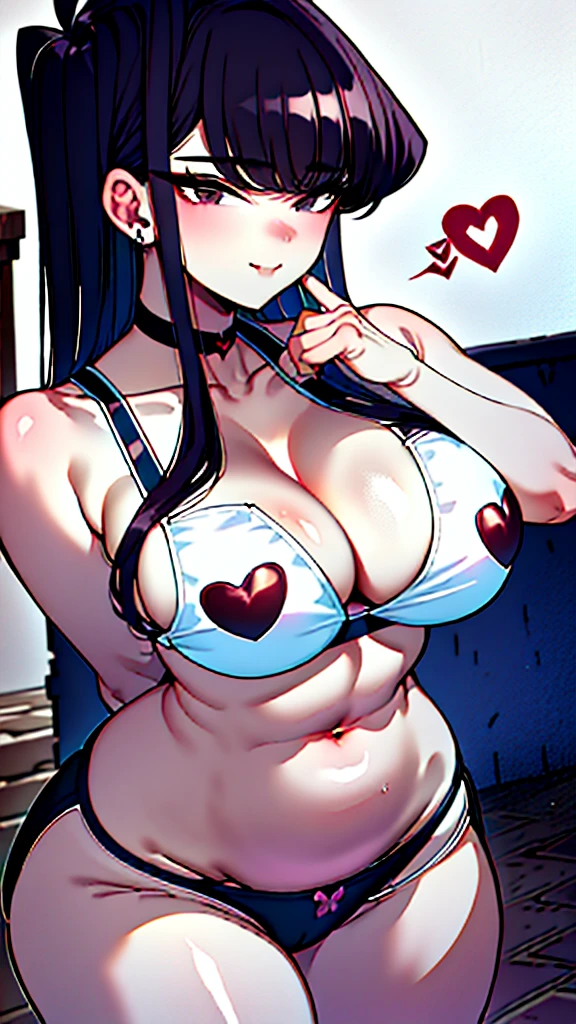 masterpiece, best quality, ultra detailed, art station, 1girl, romanticism, solo, detailed face, cute face, blush:1.2, (heart shaped pupil:1.3), seductive smile, wind swept hair, cute choker, black choker, bowtie, tight , mini , (cropped school unform), cleavage visible, showing off midriff, (showing off belly), abs, slightly muscular abs, accurate belly button, accurate lower belly, (slim waist), (wide hips), (panty strings), (thong strings), mini skirt, thick thighs, muscular thighs, thigh highs, looking at viewer, (dutch angle),facing the viewer, background in an alley in a garden, dappling sunlight, (vibrant colours:1.2), bright colours