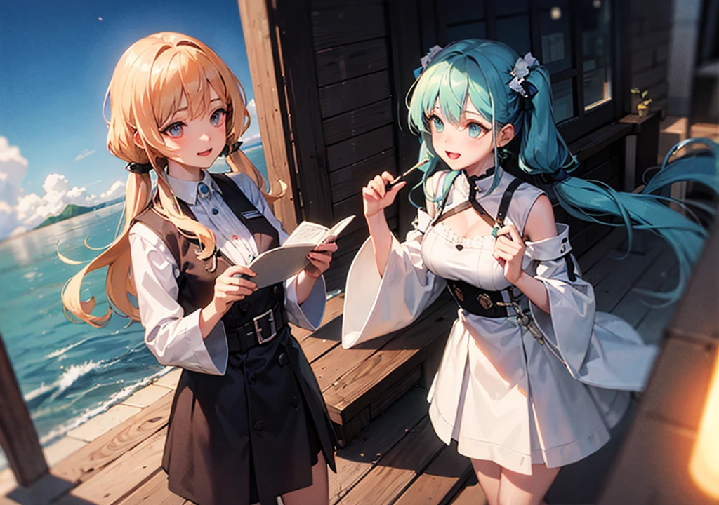 Realistic photos, Focus distance 10mm, A big smile, Curly blonde hair, Beautiful girl, Realistic photos, Focus distance 10mmで撮影, masterpiece, 最high quality, high quality, Very detailed CG 8k wallpaper unit, Award-winning photography, Bokeh, Depth of written boundary, High resolution, bloom, chromatic aberration, Realistic, Very detailed, Art Station Trends, CGsociety Trends, Complex, High detail, dramatic, Art on the go, volumetric lighting, Final Fantasy style beautiful girl、Jade Eyes、Blue hair twintails、Angelic white robes、Sea of clouds and pillars of light in the background