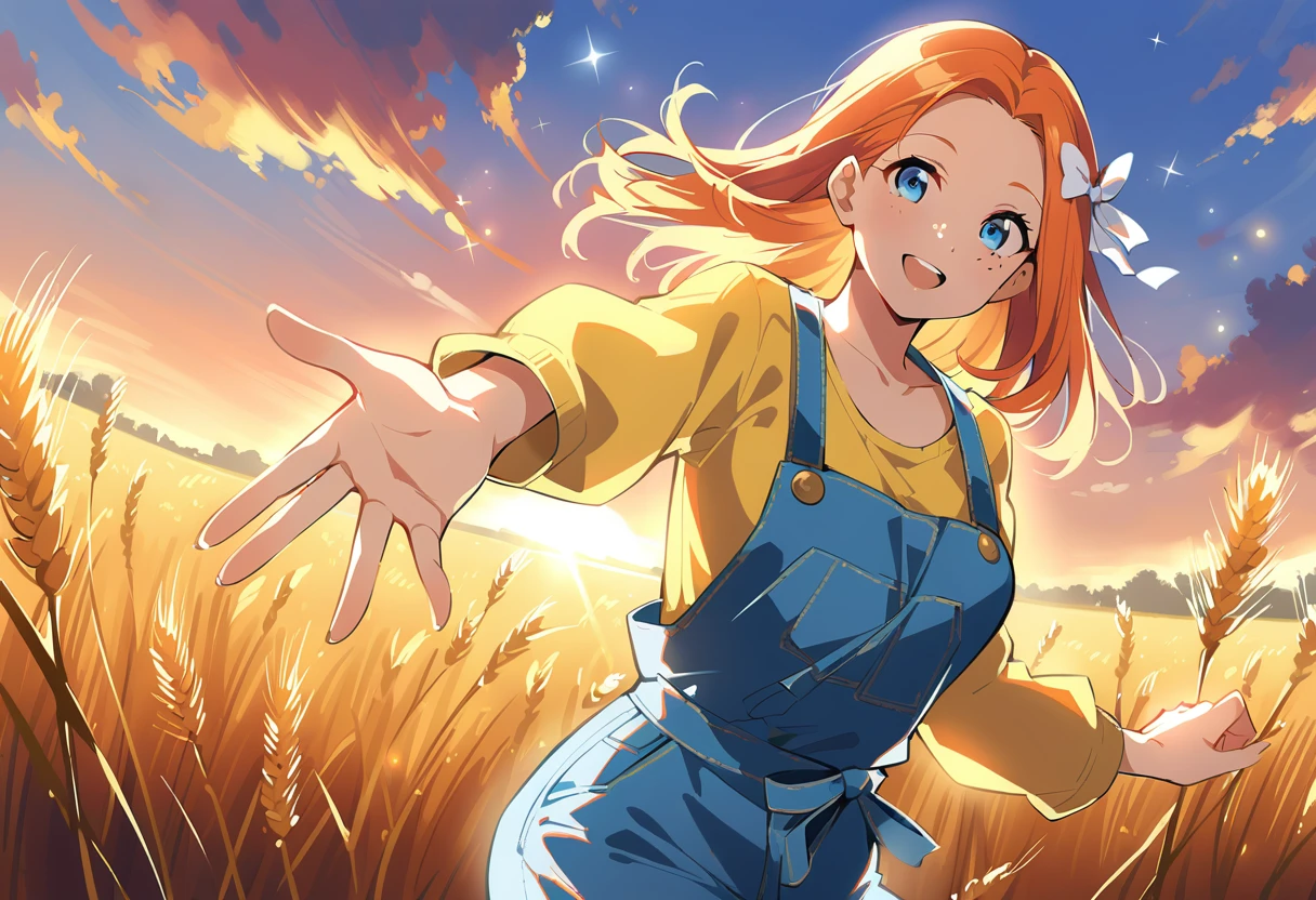 pewarnaan character, visual illustration, @ANN, aged up, 1girl, solo, (overalls), outdoors, sky, wheat, field, (blue overalls), smile, blue eyes, wheat field, looking at viewer, breasts, long sleeves, yellow shirt, orange hair, cowboy shot, collarbone, collared shirt, cleavage, denim, upper teeth only, blonde hair, medium breasts, forehead, standing, braided ponytail, single braid, teeth, oversized clothes, medium hair, short hair, partially unbuttoned, pants, oversized shirt, buttons, head tilt, flat chest, hair bow, white bow, tomboy, round teeth, plaid shirt, denim overalls, mature female, tall, tall female, slim body, freckles, twilight, cloudy sky, scenery, reaching, grass, floating hair, sunset, cloud, scenery, jeans, bow, hair ribbon, sparkle, sunbeam, light rays, highres, 4k, 8k, ann \(harvest moon\), ran \(bokujou monogatari\)