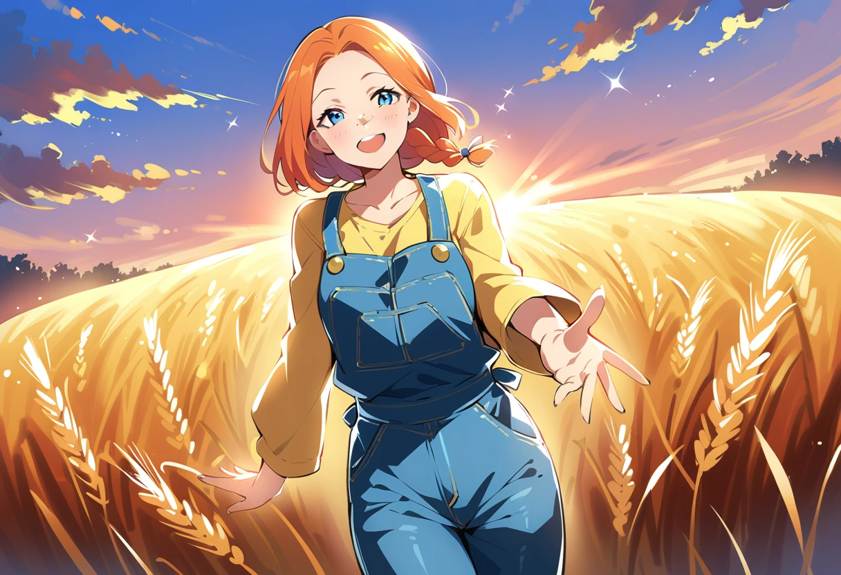 pewarnaan character, visual illustration, @ANN, aged up, 1girl, solo, (overalls), outdoors, sky, wheat, field, (blue overalls), smile, blue eyes, wheat field, looking at viewer, breasts, long sleeves, yellow shirt, orange hair, cowboy shot, collarbone, collared shirt, cleavage, denim, upper teeth only, blonde hair, medium breasts, forehead, standing, braided ponytail, single braid, teeth, oversized clothes, medium hair, short hair, partially unbuttoned, pants, oversized shirt, buttons, head tilt, flat chest, hair bow, white bow, tomboy, round teeth, plaid shirt, denim overalls, mature female, tall, tall female, slim body, freckles, twilight, cloudy sky, scenery, reaching, grass, floating hair, sunset, cloud, scenery, jeans, bow, hair ribbon, sparkle, sunbeam, light rays, highres, 4k, 8k, ann \(harvest moon\), ran \(bokujou monogatari\)