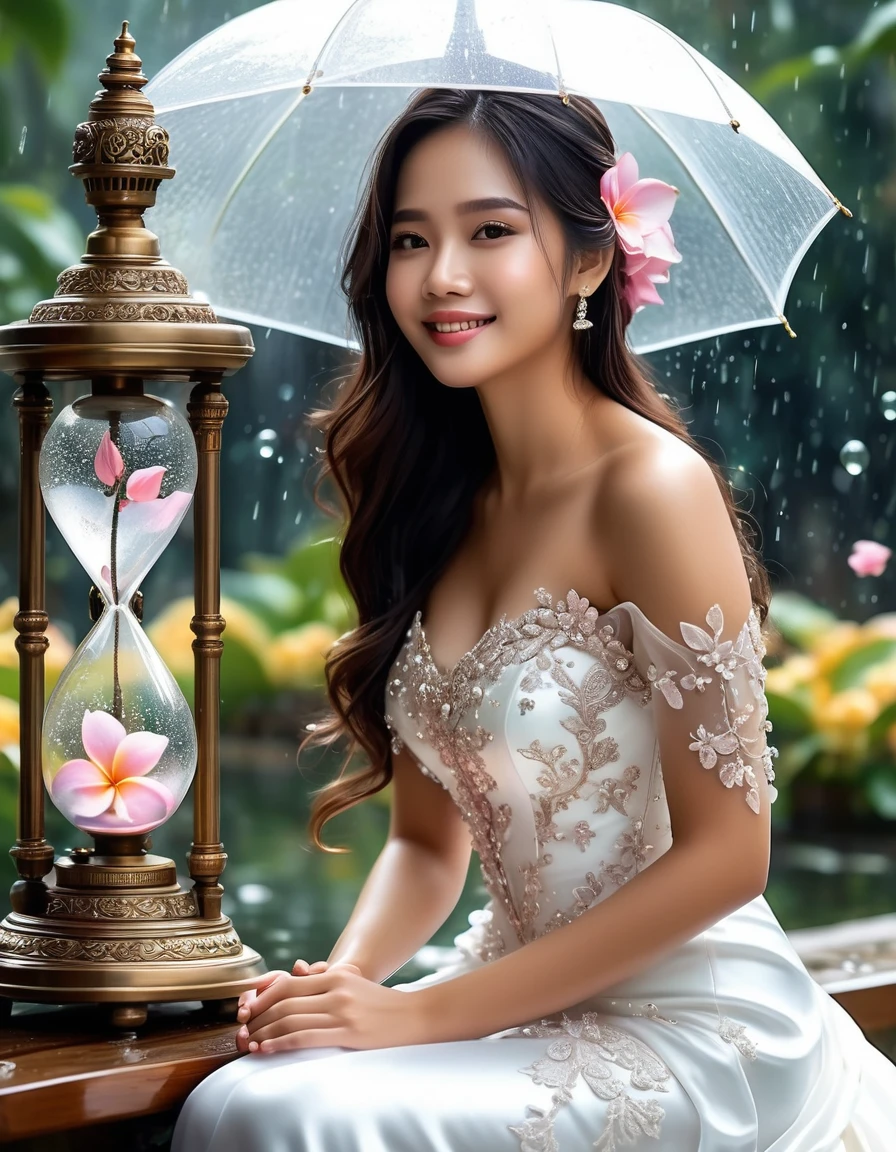 A young Thai woman dressed in a white wedding dress. sitting on an hourglass bench,  best quality, Expressive detailed eyes, perfect face, Large antique floating hourglass, Beautiful girl sitting in an hourglass, clock lamp lamp, Magical swirling sky, Rain clouds with lightning, long wavy black hair, Beautiful homepage style illustrations, high resolution, strong outline,  famous art style, Transparent white silk wedding dress, fashion style, paint splashes water. The particles glitter like gems., spell. Color: pink, silver gray. intricate oil painting, Soap bubbles and swirling fountains, full body, very detailed, bright colors, More details, smile a little, transparent clothes, Mandala and frangipani flowers, best quality, My hair is alive and melting in the water., A perfect smile and full lips, Delicate and perfect body, digital painting, Finely detailed eyes looking at camera, Fine Arts, oil painting, A meticulously drawn magical garden, metal rose, fall, Metallic paint and enamel, Oil tan, Shiny skin, Legendary concept art, 8ก volumetric lighting