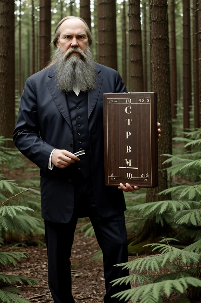 Mendeleev holds the periodic table in a forest