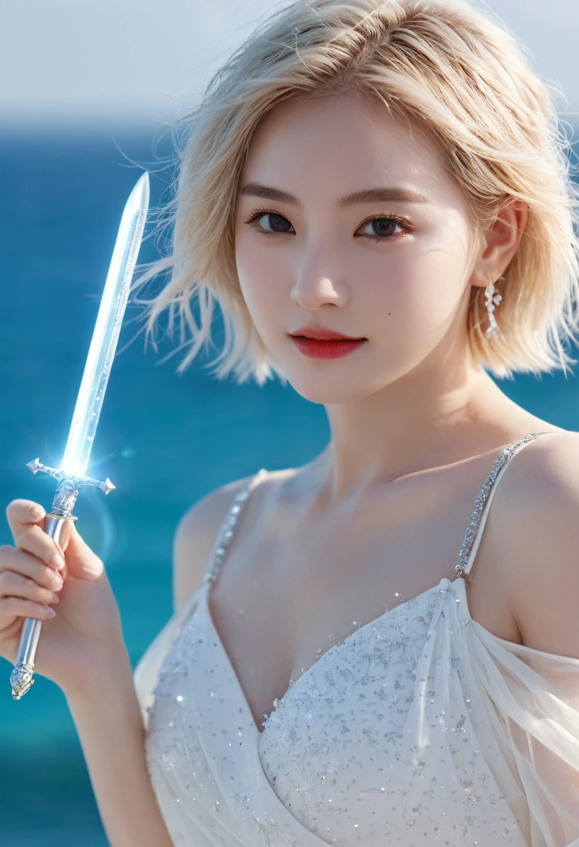(masterpiece), ((best quality)), (Very detailed), ((very delicexiste and beautiful)), (Ridiculous))), (Perfect body))), 1 girl, Glowing white particles, struggle, Keep_sword, Blonde Bob, Red Eyes, Seventeen, outdoor, Sky, Whole body halo, Large target, white texisttered dress, Bare shoulders, Little Smile, Ocean + background, wind, Perfect hands, Card Details, Improved fingers. earrings, Watching_exist_Viewer, Cowboy lens, Rich details, Perfect image quality