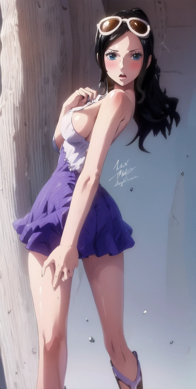 1girl, solo, boots, eyewear on head, black hair, dress, high heels, sunglasses, short dress, long hair, looking back, breasts, ponytail, nico robin, legs,medium_breasts,sideboob