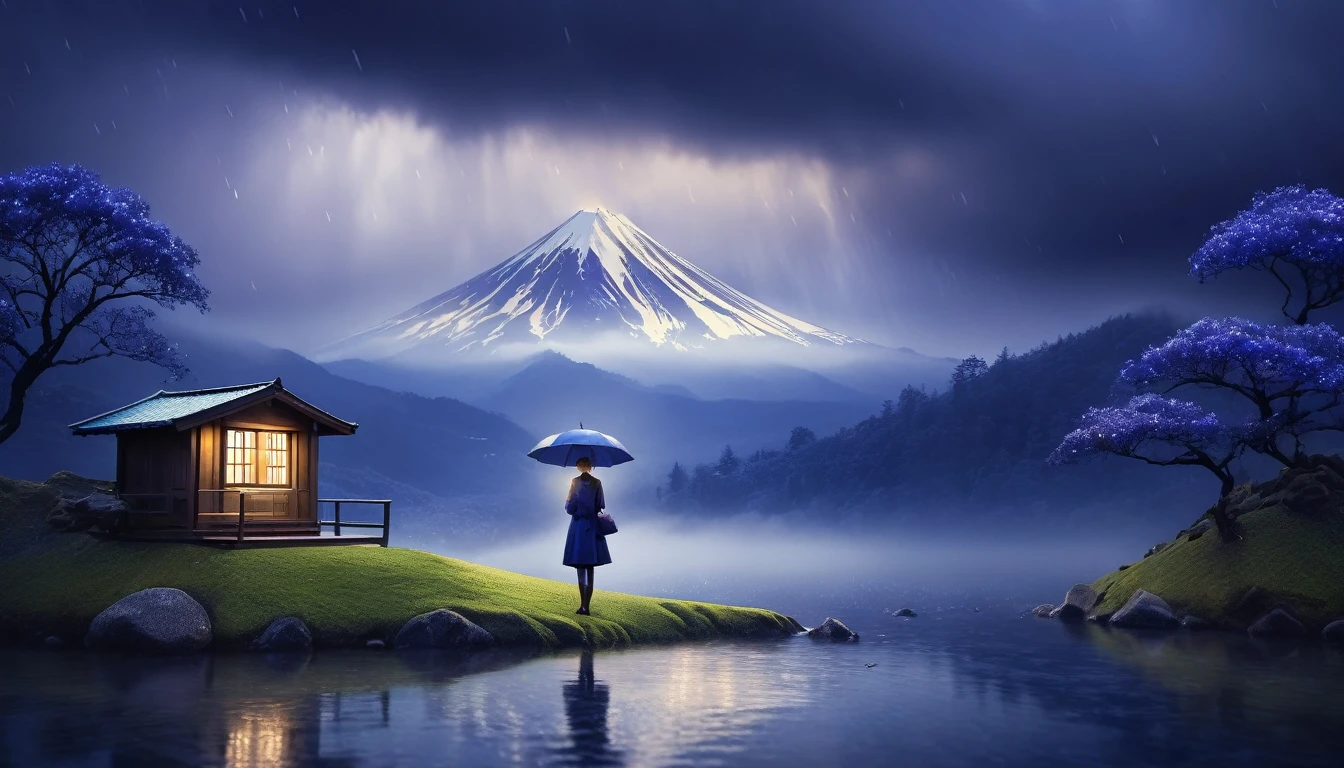 Rainy Day Background, Miniature Illumination Style, Igor Zenin, Light bronze and indigo, Go Nicole McLeod, Calming the mind、Introspective aesthetics, Fascinating lighting, Joel Robison,Fuji Mountain