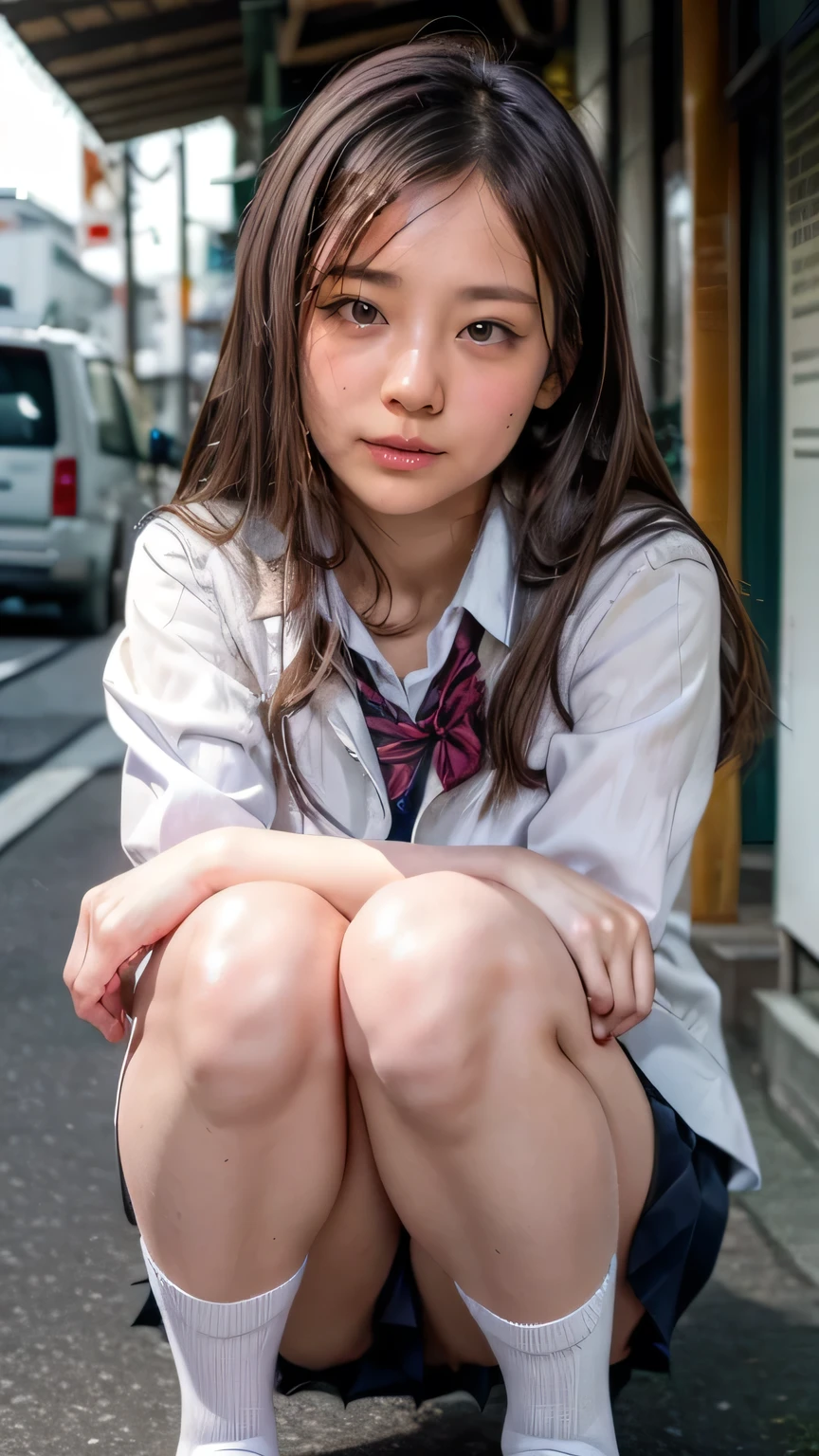 (High school girls walking on Tokyo street:1.2、blue sky)、((school uniform、blazer、Pleated skirt、Navy blue socks、loafers)、the wind is strong、(Realistic、Like a photograph、Live Action、8K, Realistic, RAW Photos, Best image quality: 1.4), Single-lens reflex camera、RAW Photos, Highest quality, Realistic, Highly detailed CG Unity 8K wallpaper, Written boundary depth, Cinematic Light, Lens flare, Ray Tracing, Realistic background、((ultra high density skin))、 Teenage girl on her way to school,Cute Japanese、(whole body:1.5)、Super detailed face，avert your eyes:1.1、(Silver inner color hair、Straight Long Hair:1.2、My hair flutters in the wind:1.4)、I like that style、stylish、Very detailed、Pay attention to the details、Perfect outfit、(Sunburned skin)、Aerial view、Accurate hands、Accurate legs、Detailed hands and fingers、Anatomically correct body、Thin legs、Thin thighs