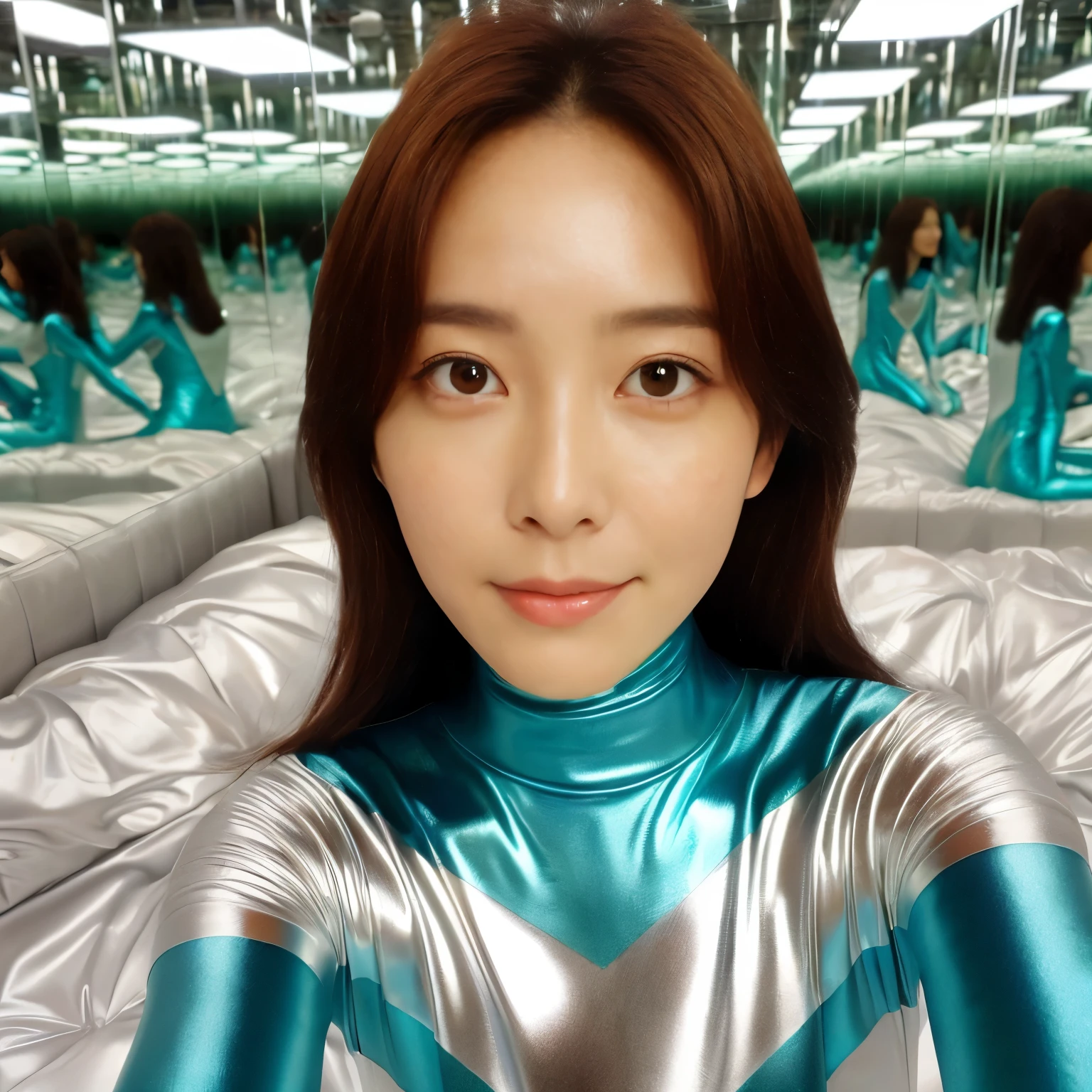 best image quality、Super high resolution、(realism:1.4)、Korean beauty star、The most beautiful KPOP star、horny face、Horny Korean makeup、erotic expression、A body that makes you want to touch it、erotic photos、((Realistic shiny satin fabric texture、High-gloss stretch satin fabric that is smooth and smooth to the touch.、The drape of the curved part of the shiny satin fabric、strong shiny costume、The smooth and beautiful quality and luster of the costumes、A shiny costume made of high-quality satin fabric with high density.、Smooth to the touch oil light liang ultra-class battleship skin coat COS、Super SentaiWomen&HeroineSuit、Texture of costumes that satin fetishists respond to、Thin, glossy stretch satin fabric)),8K photo quality