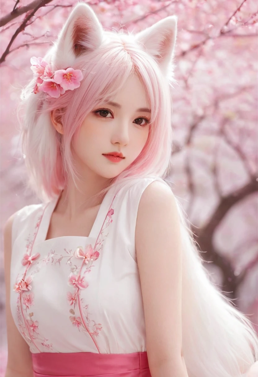 Nine snow-white fox tails (1.0), Milky white fox tail (1.0), Nine-tailed fox close-up, Nine Tails, Nine Tails, Pink Hair、Wearing a pink dress、Anime girl with flowers in her hair, very Beautiful anime fox girl, Beautiful anime fox girl, Beautiful fantasy anime, Gu Weiss, Anime girl with fox ears, Beautiful anime girl, Very beautiful and cute fox girl, Pink flower rain, Background blur, Anime style 4k, Anime Fantasy Artwork, 4k anime wallpaper, Guvez-style artwork