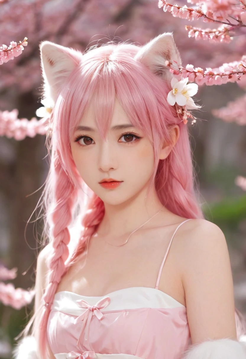 Nine snow-white fox tails (1.0), Milky white fox tail (1.0), Nine-tailed fox close-up, Nine Tails, Nine Tails, Pink Hair、Wearing a pink dress、Anime girl with flowers in her hair, very Beautiful anime fox girl, Beautiful anime fox girl, Beautiful fantasy anime, Gu Weiss, Anime girl with fox ears, Beautiful anime girl, Very beautiful and cute fox girl, Pink flower rain, Background blur, Anime style 4k, Anime Fantasy Artwork, 4k anime wallpaper, Guvez-style artwork