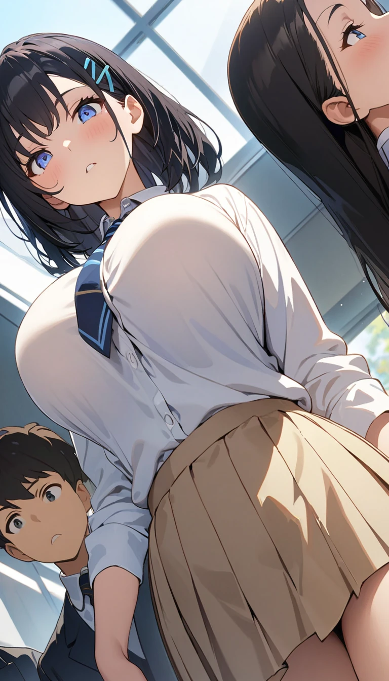 ((((Angle directly below:1.5)))、(masterpiece, Official Art), One Girl, Black Hair, blue eyes, hair ornaments, Hair Clip,  (school uniform), (shirt), (tie), (skirt), (Huge breasts), very good、sunlight,classroom、During class、People around me々pulls on the girl&#39;s clothes、tear、View Audience, Grin,Cum on face、Semen on face. Attractive., blush, Charming Clothes, , (Place your hands between your legs), (Sitting on a chair、Put your chest on the desk),White panties、Short Bob、Sticking out your tongue、Dripping a huge amount of saliva、Peeing、squirt pee、tits 、titsをテーブル机の上に胸を置く、nsfw