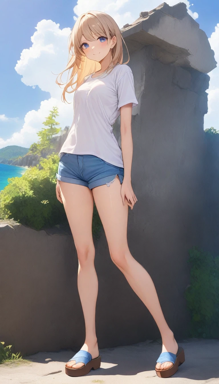 ((Highest quality、、masterpiece:1.3)), Upper Body、Long legs、Sharp focus:1.2, Beautiful woman with perfect figure:1.4、(Smiling:1.2), double eyelid、30-year-old female、Sexy pose、((((Uninhabited island、ruins、Close your mouth、Standing woman、T-Shirts、Shorts、Sandals:1.5))))、Blue Eyes,