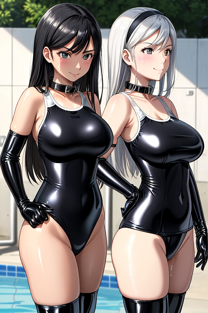 (throw), Maya Kumashiro, (White hair band), (Beautiful attention to detail), Large Breasts,
Are standing, Hands on hips, Upper Body,
Outdoor, Poolside, summer, alone,
(Shiny:1.2), (collar), (Black latex school swimsuit:1.3), (black latex elbow gloves:1.1), (black latex thigh high boots:1.2),
anger, smile, Happy,
(Oily skin:1.3), (Shiny hair:1.3), (Shiny skin:1.3),